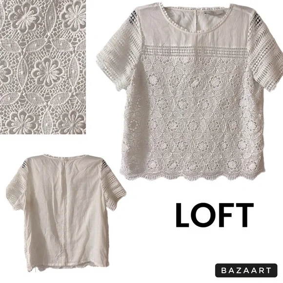 LOFT Top, Crochet, Lace, Cotton, Neutral, Sz M, Petite, MP, Feminine, Romantic - Picture 9 of 9